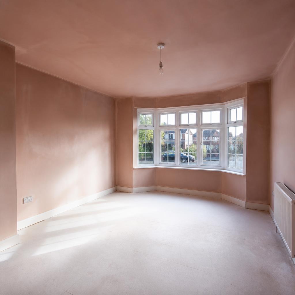 Bay window living room with freshly plastered walls