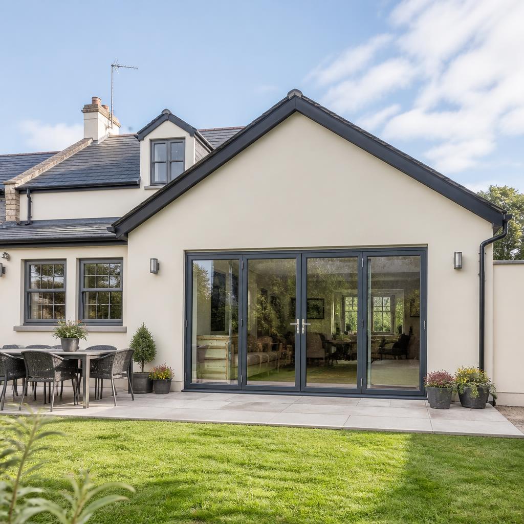 Cream rendered extension to a UK home