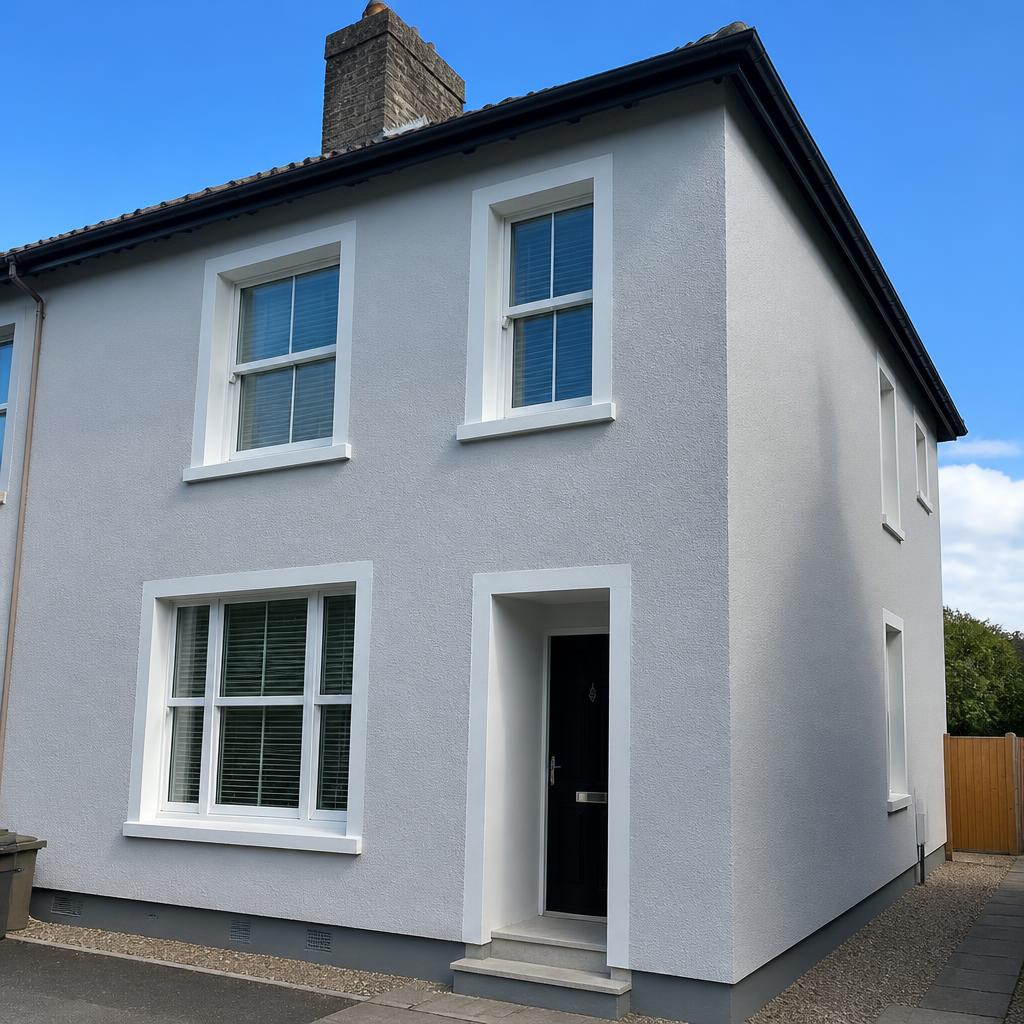 Light grey rendered two-storey house corner