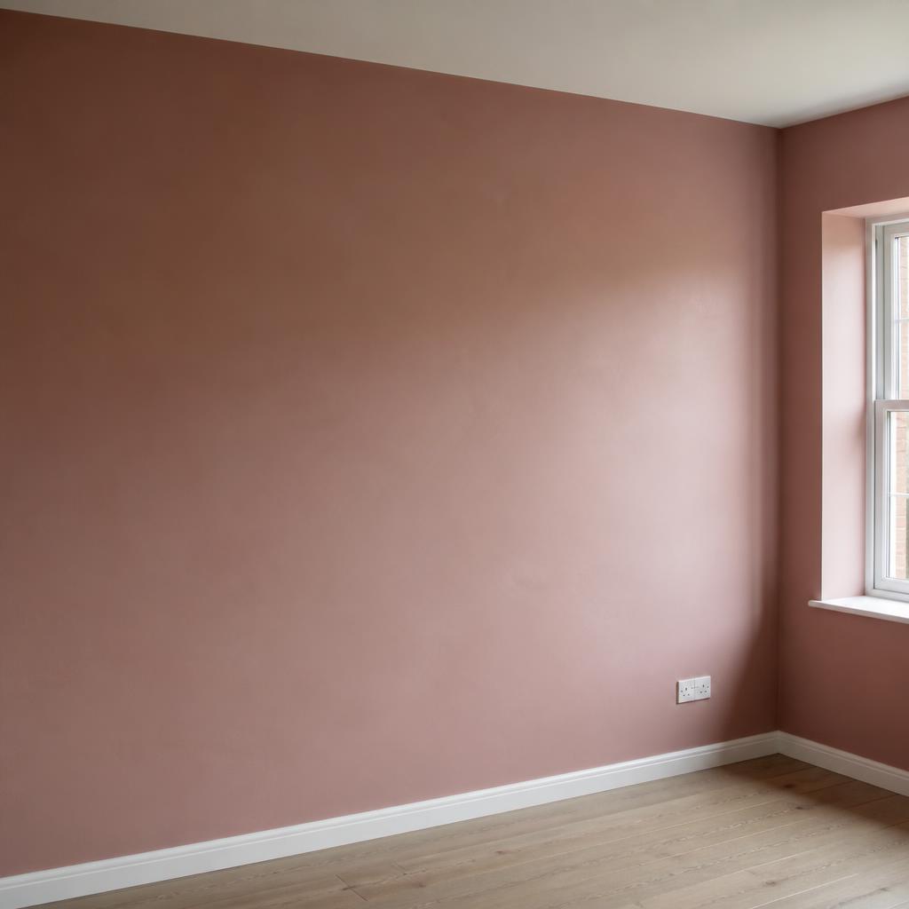 Freshly skimmed home office wall with smooth pink finish