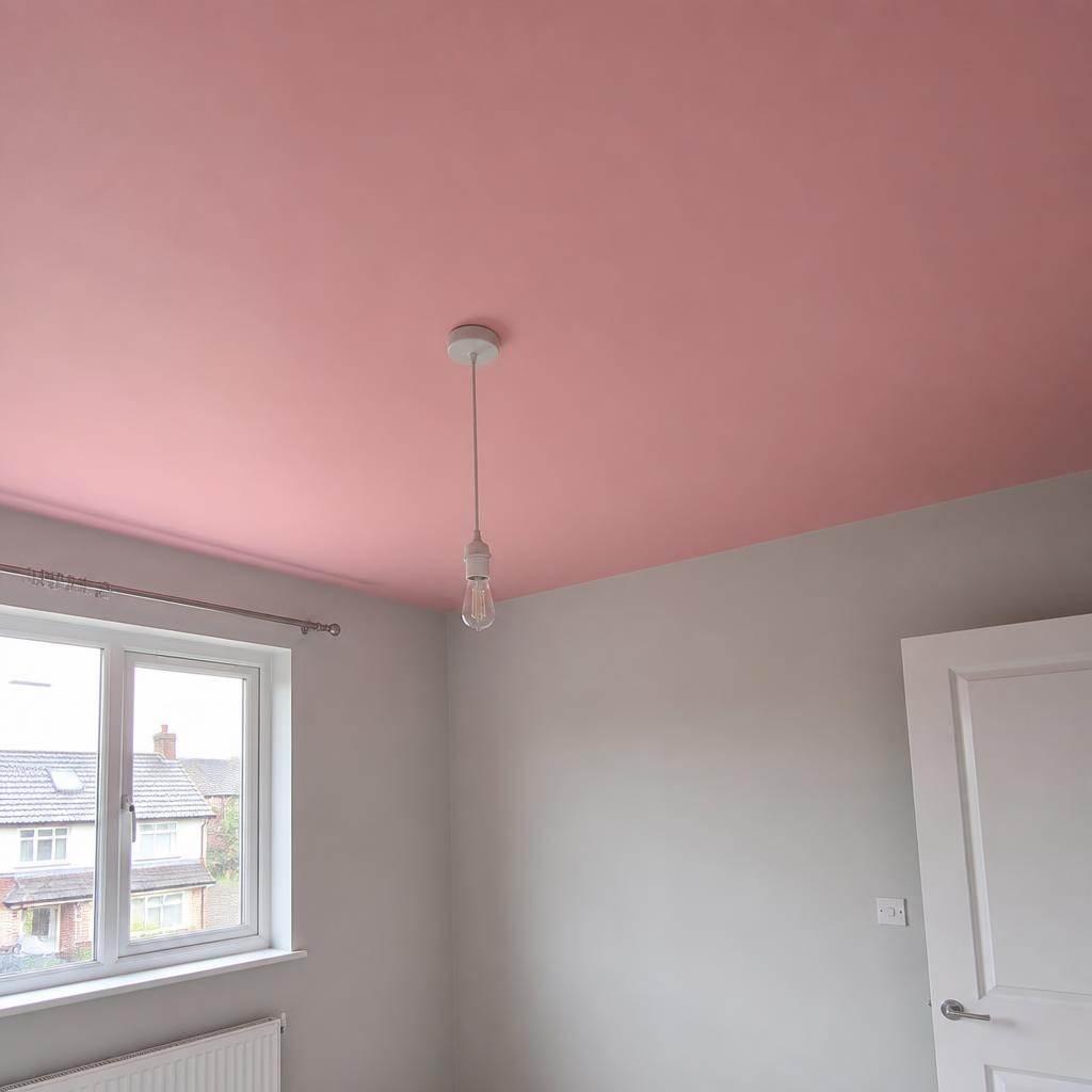 Smooth pink plastered ceiling in an empty bedroom