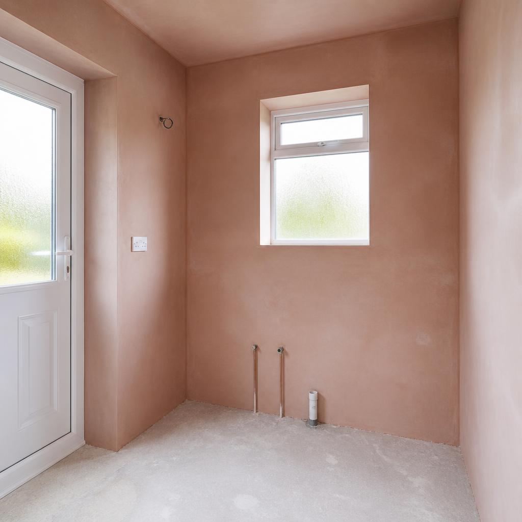 Plastered utility room with plumbing stubs ready for appliances