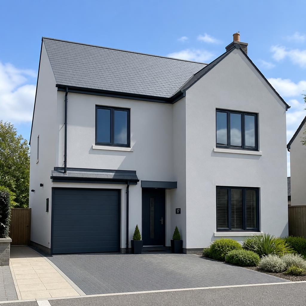 Pale grey silicone render on a modern UK detached home