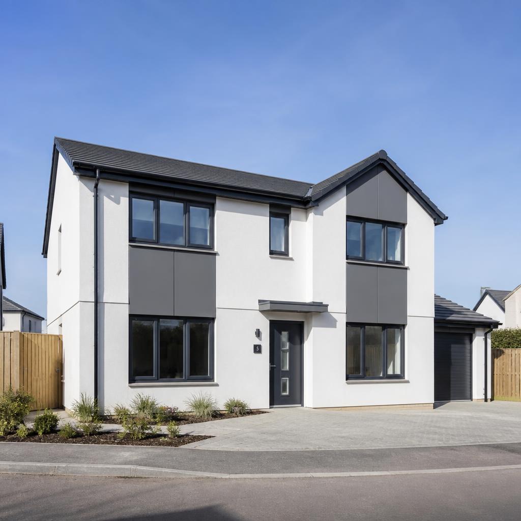 White silicone render on a modern UK new build