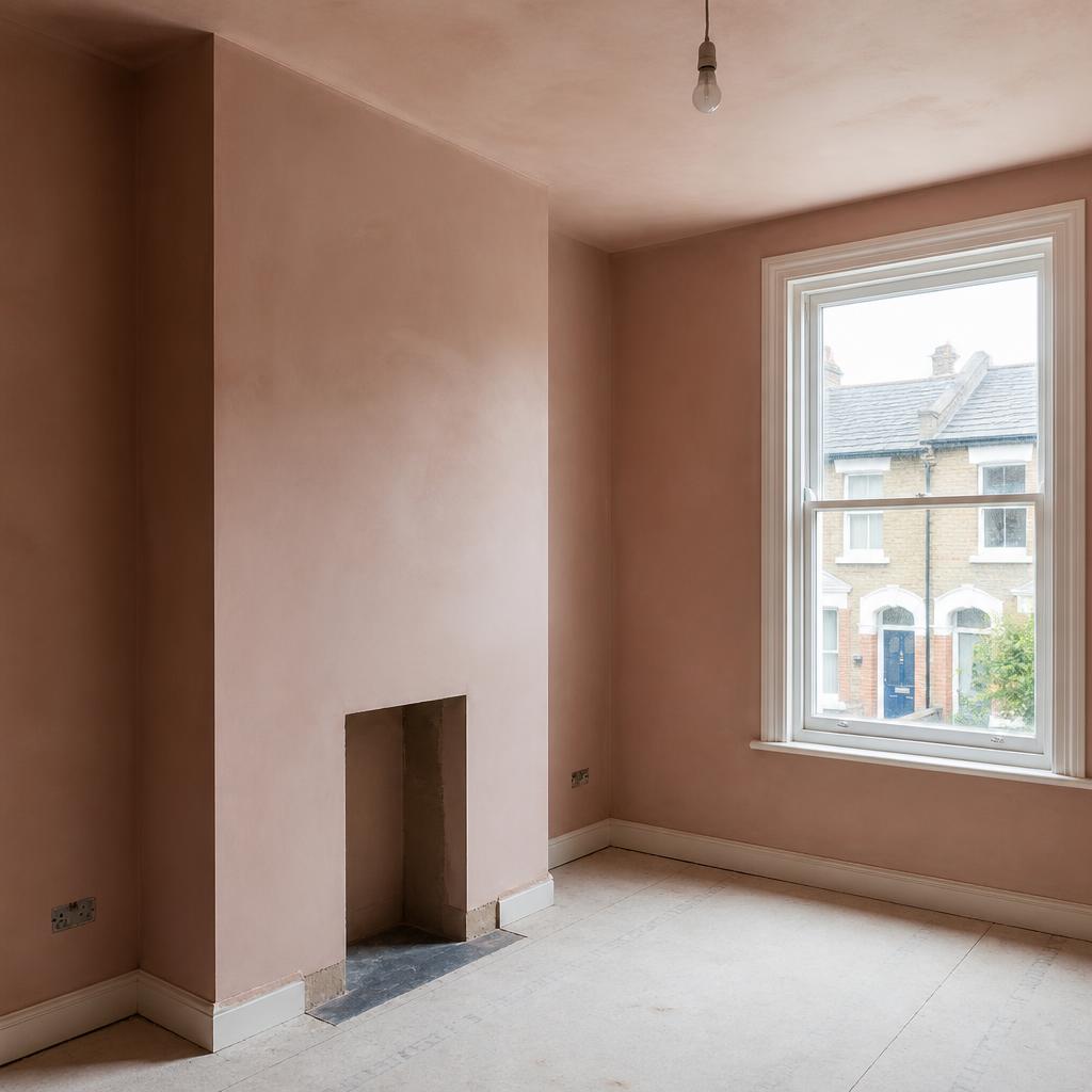 Freshly plastered Victorian front room with chimney breast