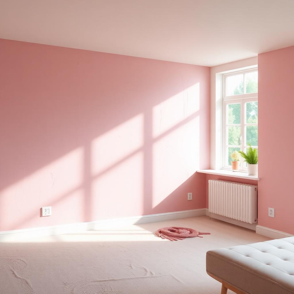 Freshly skimmed pink plaster wall in a bright UK lounge