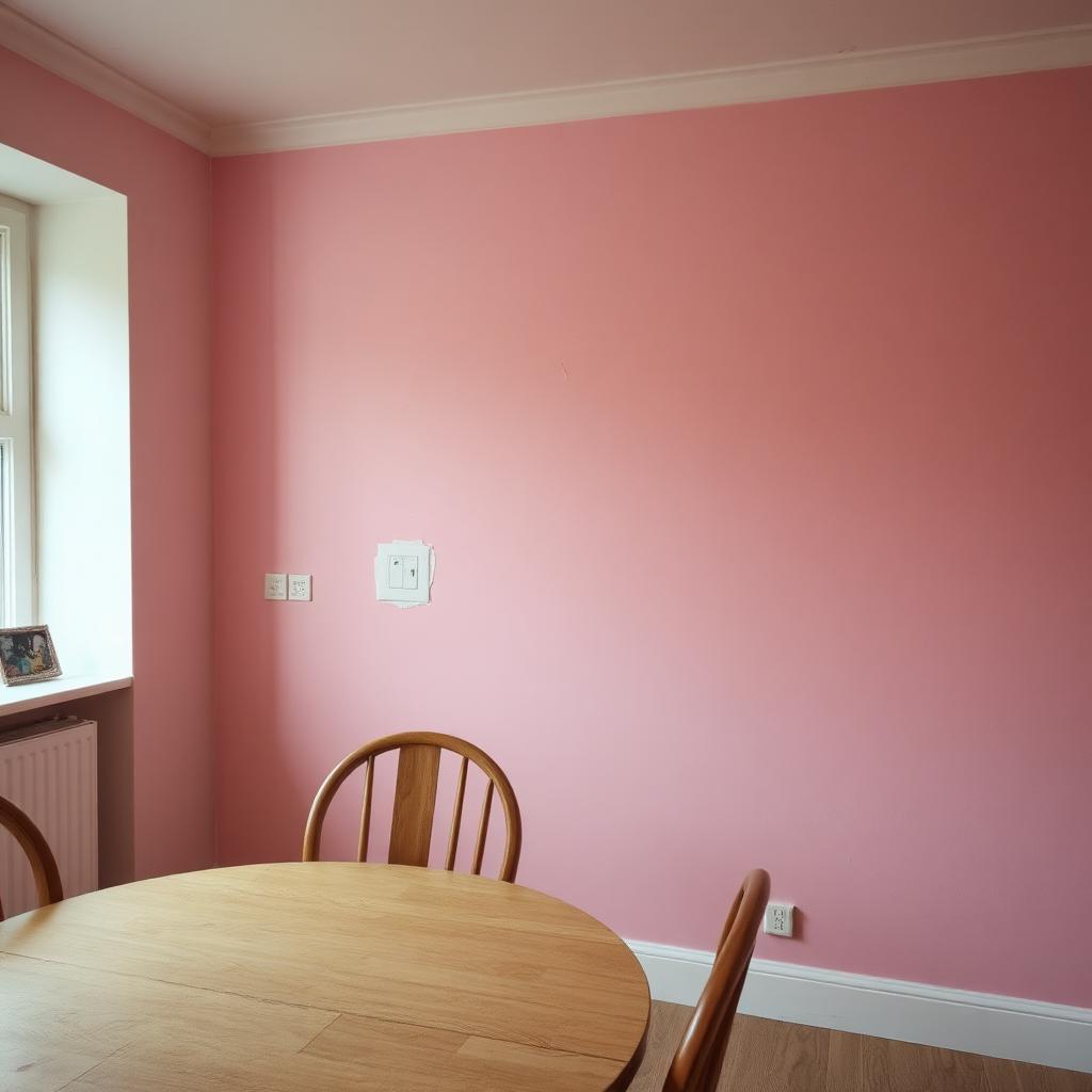 Pink plastered dining room wall with socket reveals