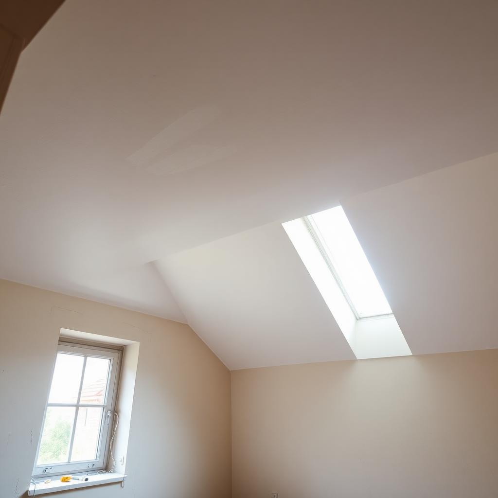 Freshly plastered loft ceiling with velux window