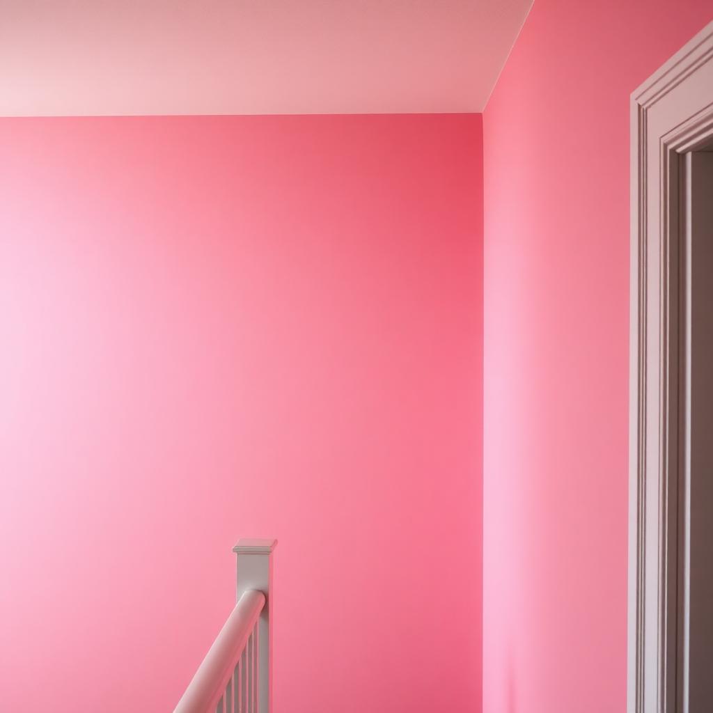 Smooth pink plastered stairwell wall with banister