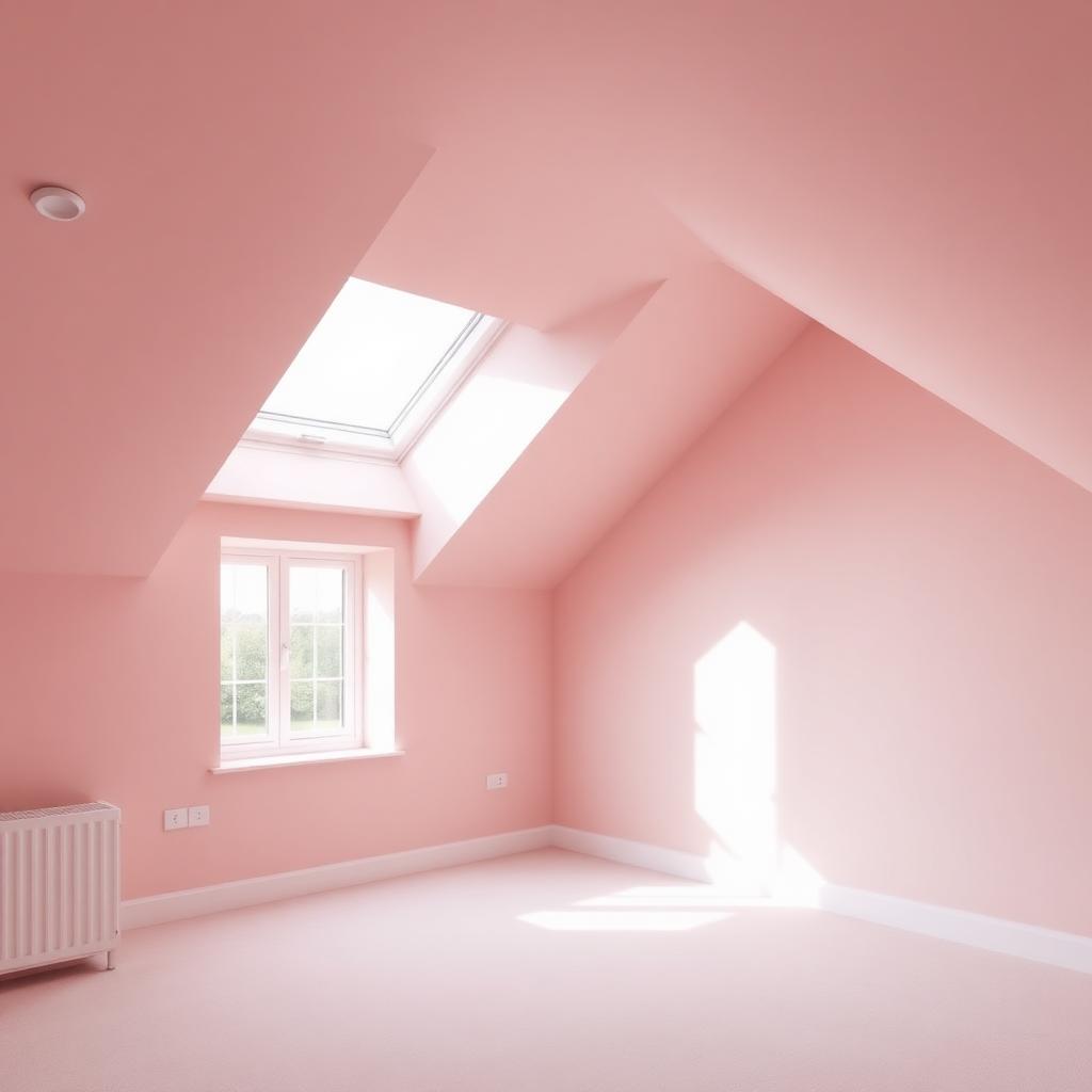 Pink plaster walls in a UK loft conversion with velux