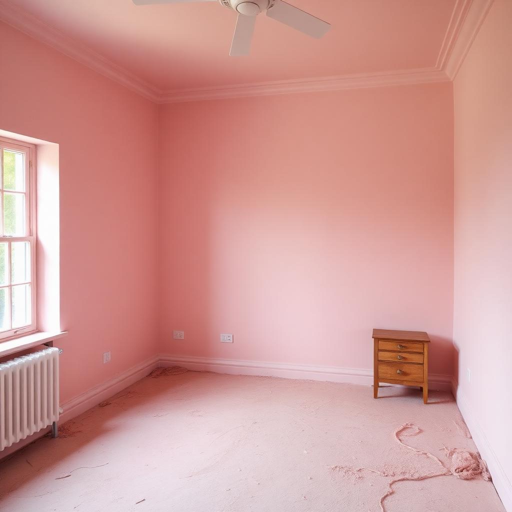 Corner of an empty bedroom freshly skimmed in pink plaster