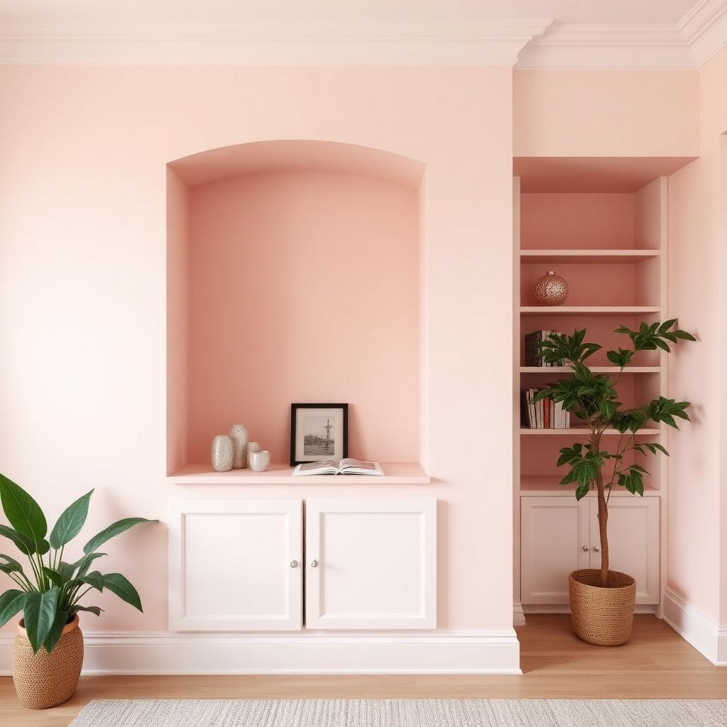 Plastered alcove and recessed shelving in pink plaster