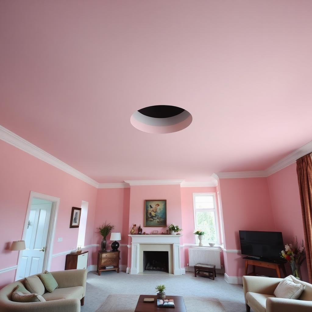 Freshly skimmed pink plaster ceiling in a UK living room