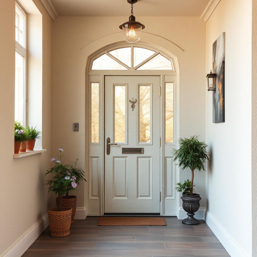Freshly plastered porch entrance interior with front door