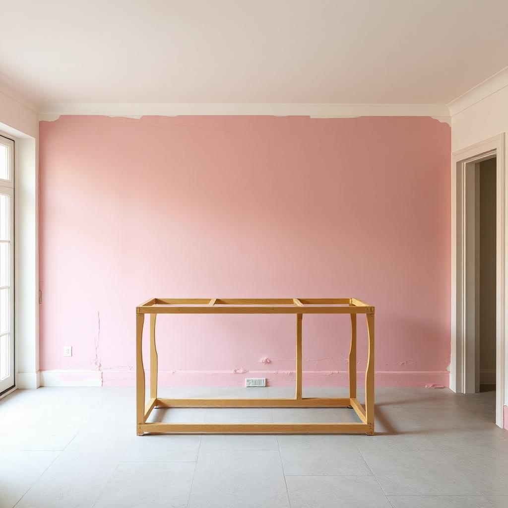 Freshly skimmed pink wall behind a kitchen island