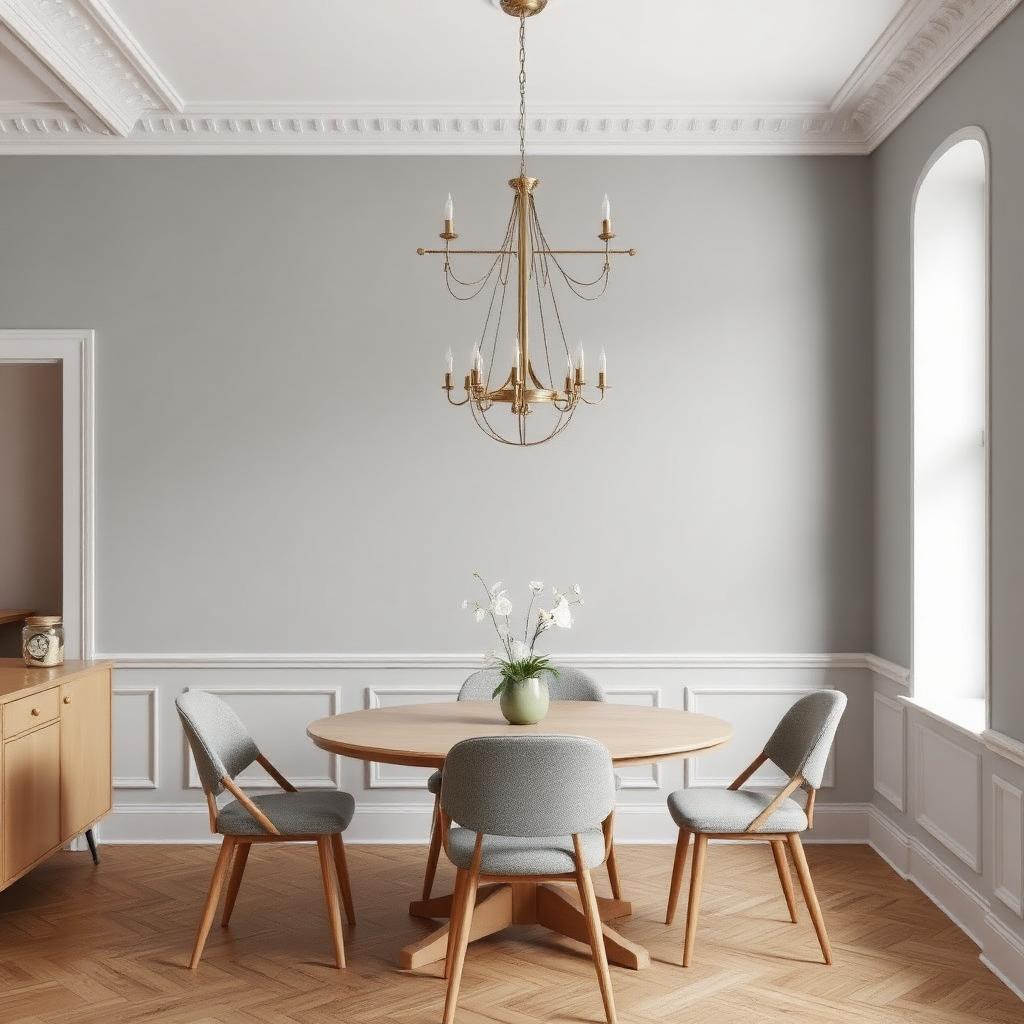 Smooth painted grey feature wall in a UK dining room