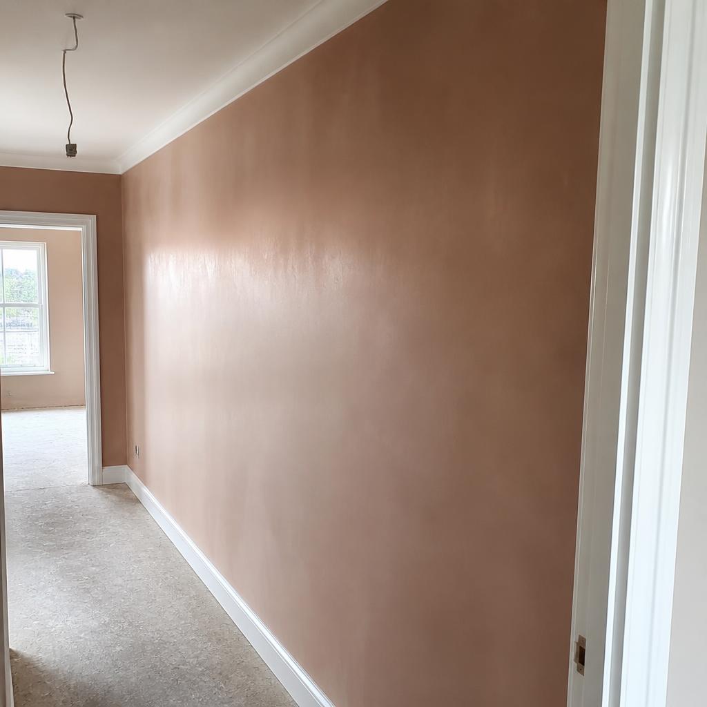 Freshly skimmed hallway wall ready to dry