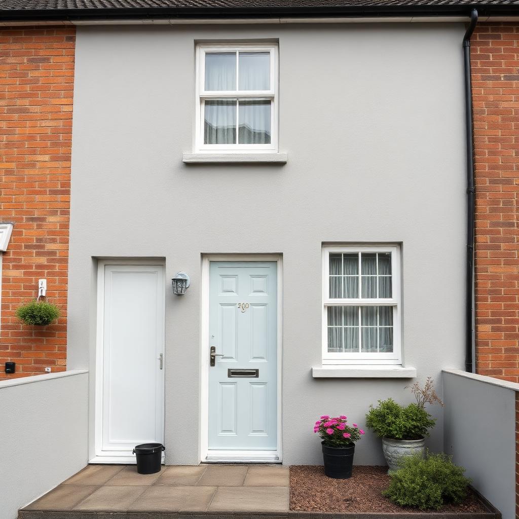 Pale grey silicone render on a UK end-of-terrace house