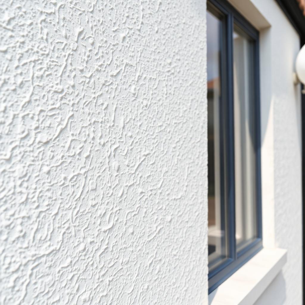 Close-up white silicone render texture on a UK exterior wall