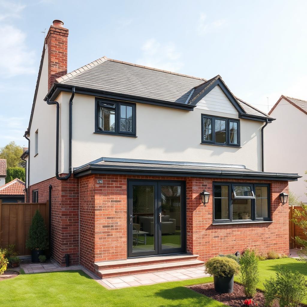 Cream silicone render on a UK two-storey extension