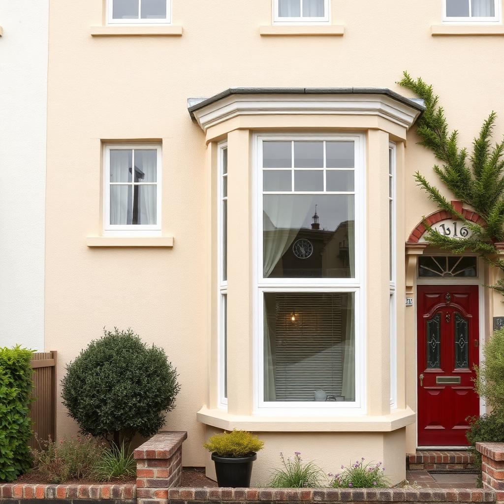Light beige render on a UK 1930s semi with bay window