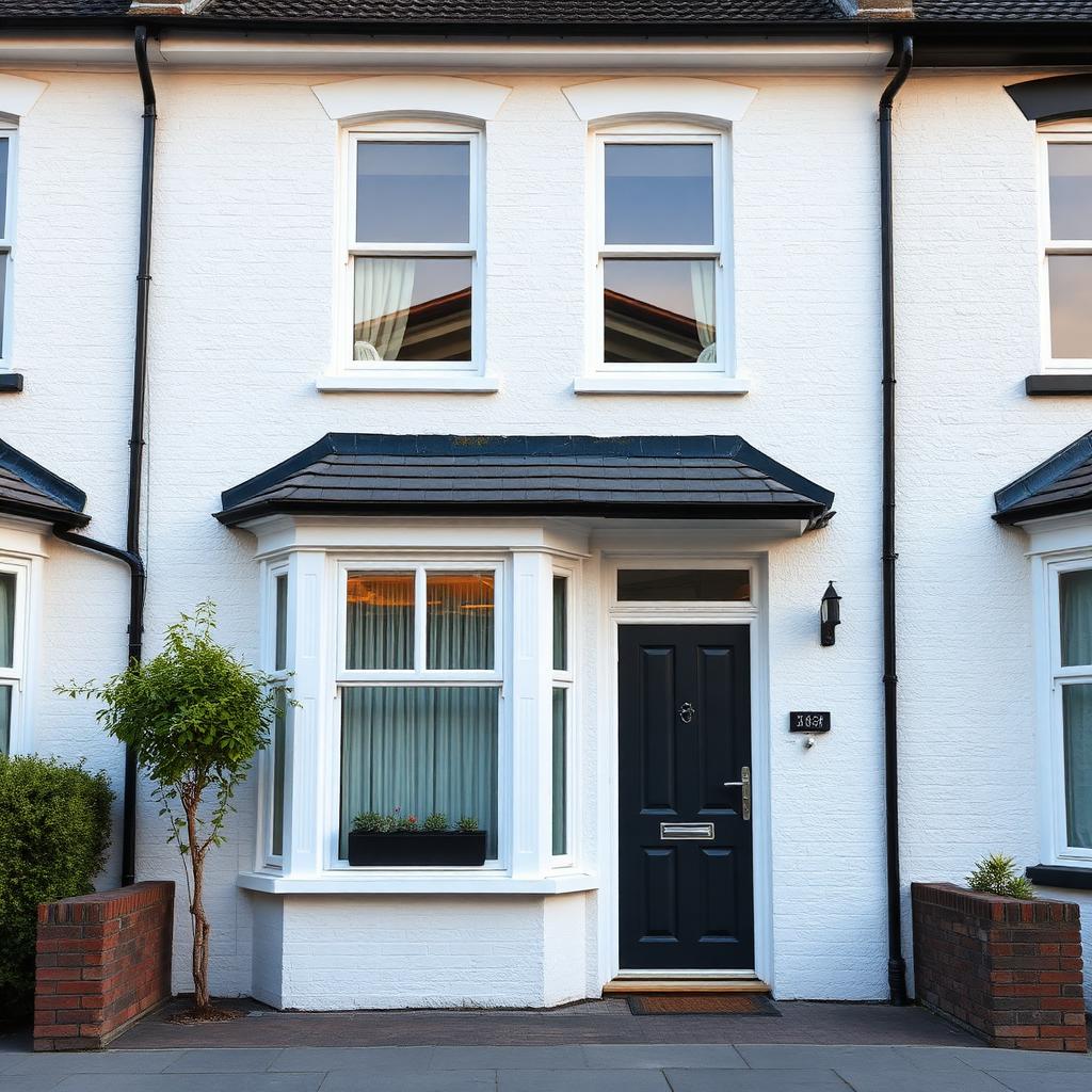 White silicone render on a UK terraced house front