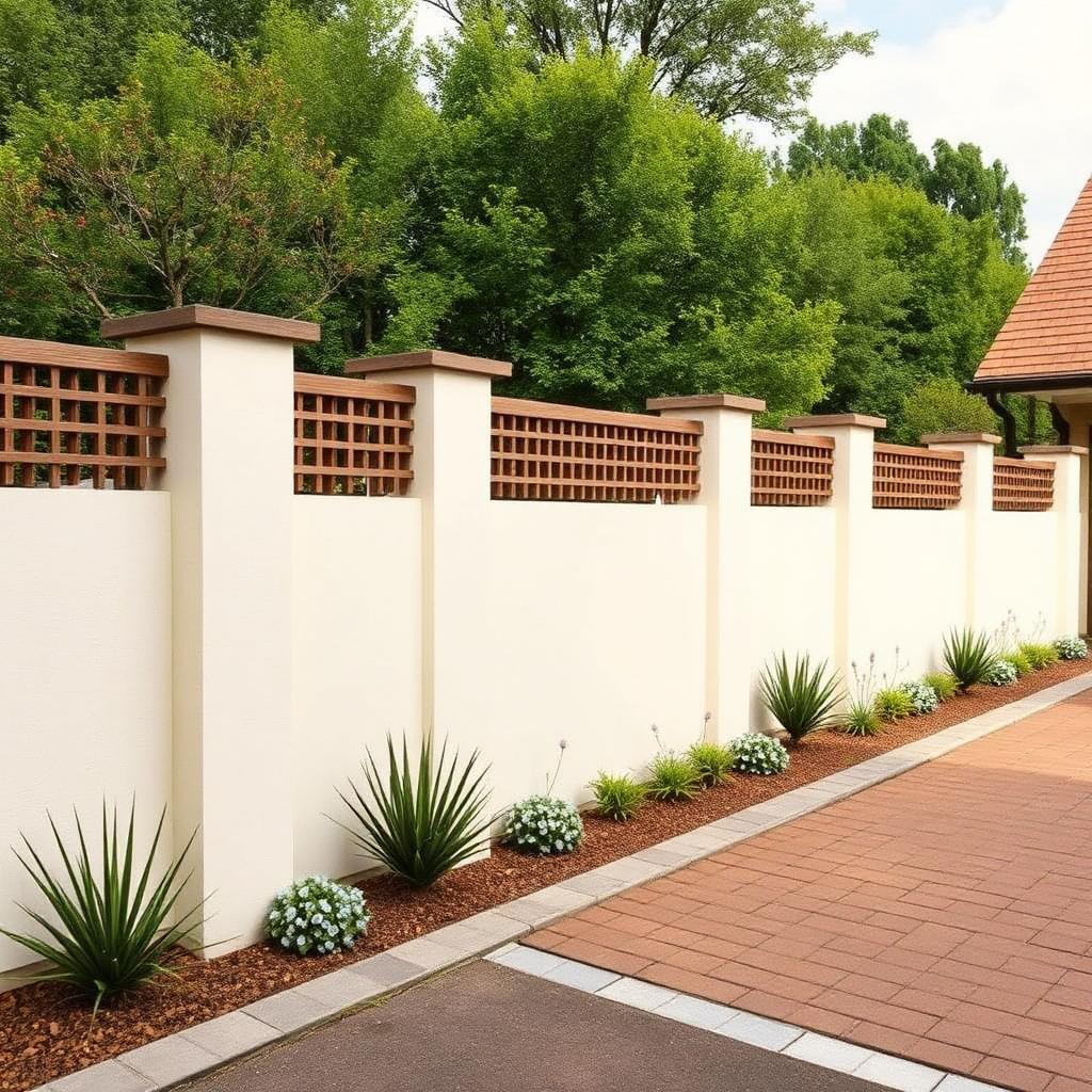 Rendered garden wall in cream finish next to a driveway