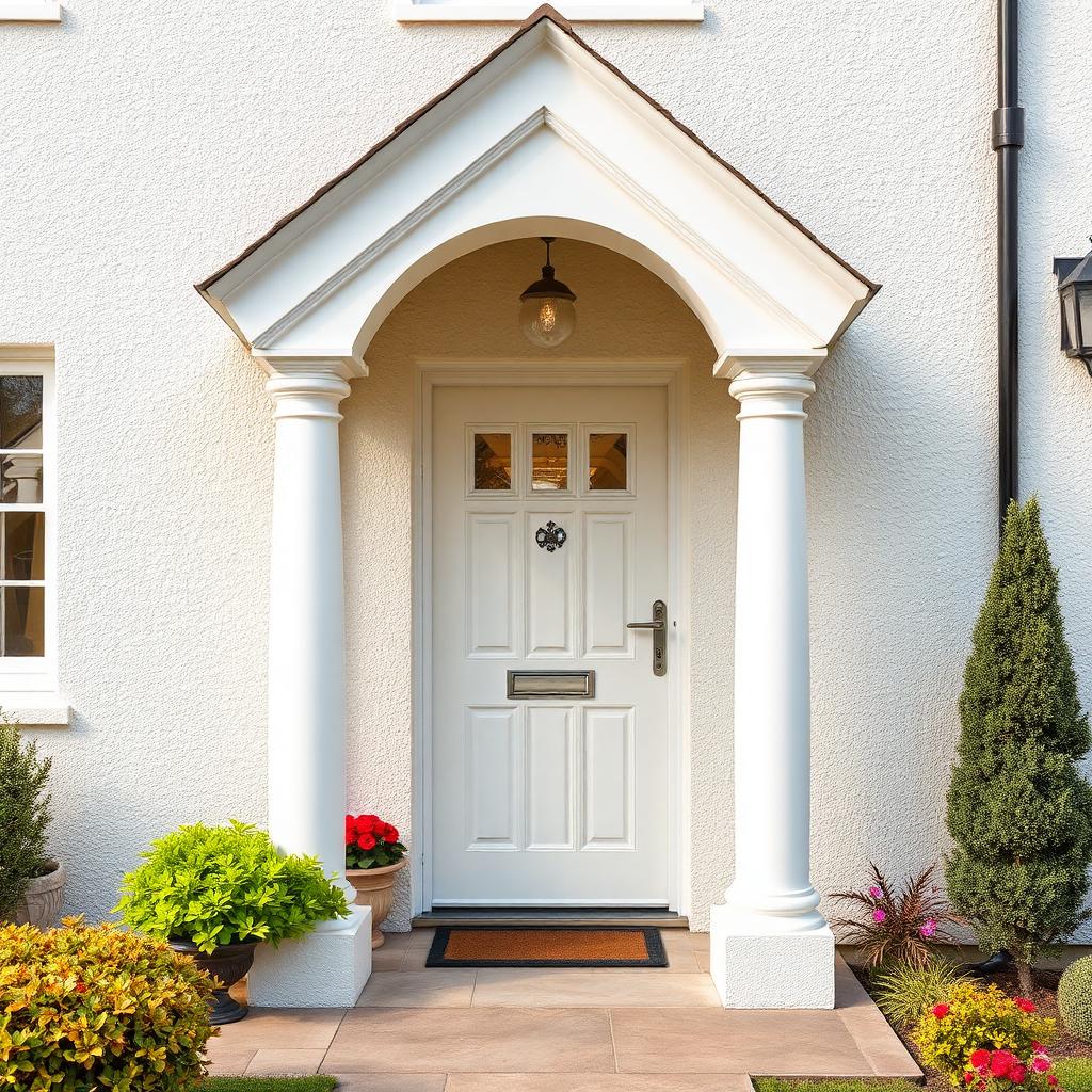 Cream silicone render around a UK porch with composite door