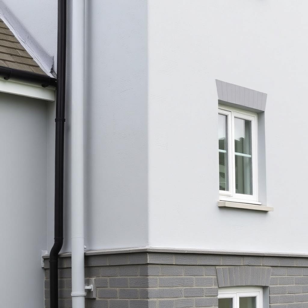 Pale grey render on a UK detached new build corner