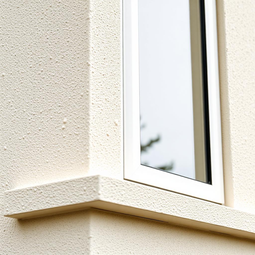 Textured cream render around a UPVC window reveal