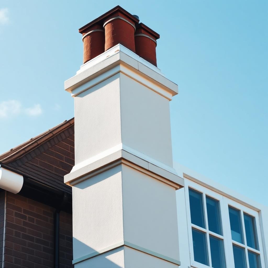 White silicone render on a UK chimney stack against blue sky