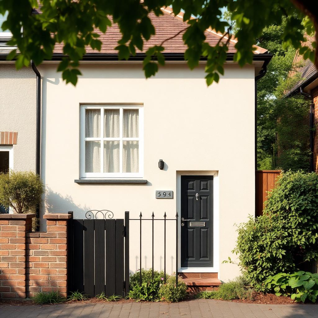 Cream rendered side wall of a UK semi with side gate