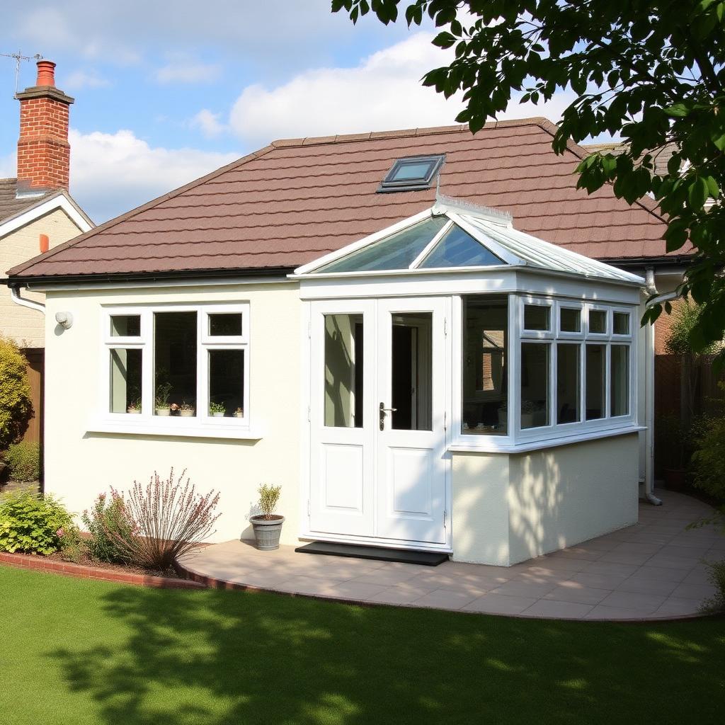 Magnolia silicone render on a UK bungalow with conservatory