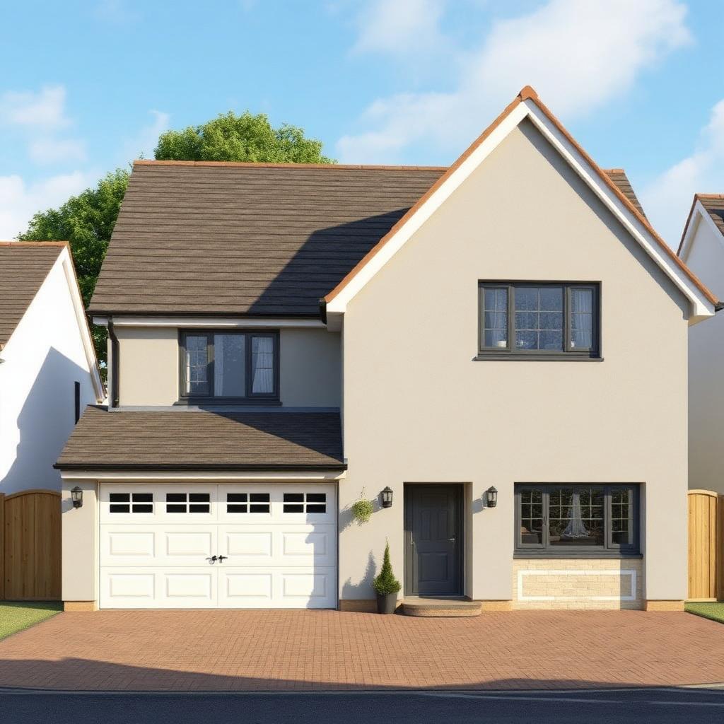 Light grey silicone render on a UK detached house with garage