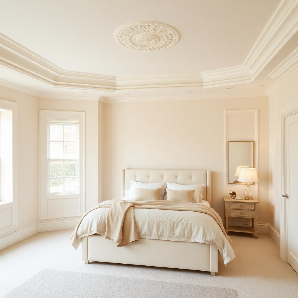 Smooth painted cream master bedroom after plastering